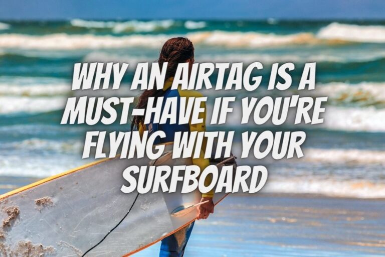 skis in the snow with a title that reads why an AirTag is a must-have if you're flying with your surfboard