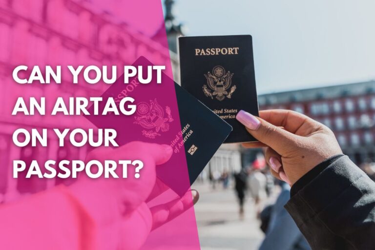 image of two United States if America passports with a title that reads can you put an AirTag on your passport