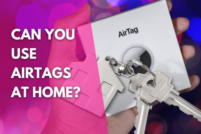 image of an Apple AirTag box and a set of keys with a house on the key ring and a title that reads can you use AirTags at home
