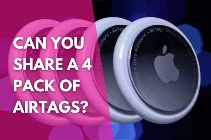 image of 4 Apple AirTags with a title that reads can you share a 4 pack of AirTags